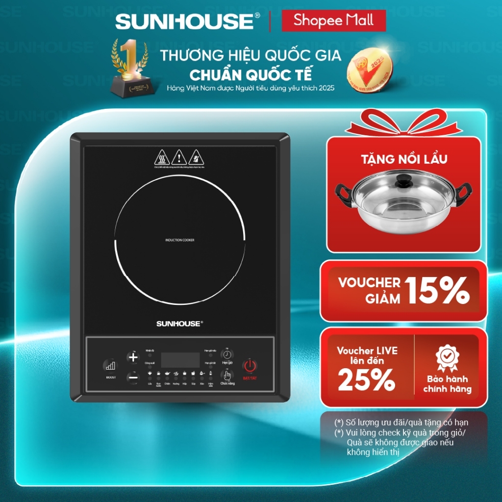 Bếp từ đơn Sunhouse SHD6154 - Công suất 2000W - 8 chế độ nấu - 10 mức nhiệt - Chế độ hẹn giờ - Bảo hành 12 tháng