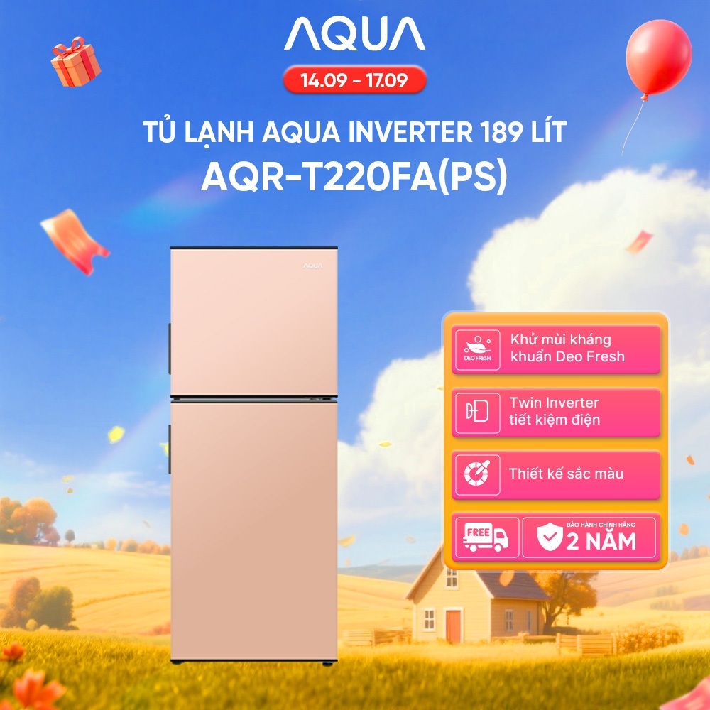 [Sale 7.7] Tủ Lạnh Aqua Inverter 189 lít Màu Hồng AQR-T220FA(PS) - Bảo hành tận nhà - Giao sau 7-10 ngày