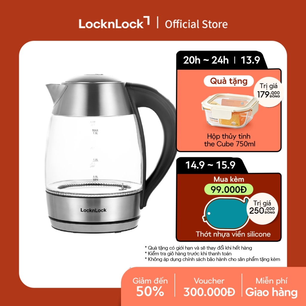 Ấm đun nước dùng điện bằng thủy tinh, thương hiệu Lock&Lock EJK341 1.8L