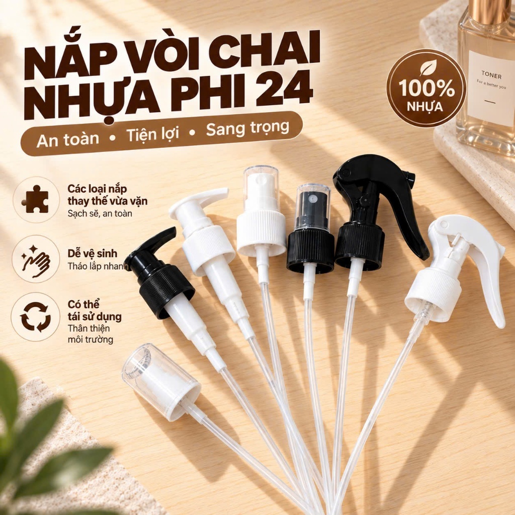 Nắp Vòi Nhấn Xịt Phun Sương Nắp Bật Nhôm Nhọn Vòi Sữa Tắm Phi 24 Cho Lọ Chiết Mỹ Phẩm Chai Nhựa Pet