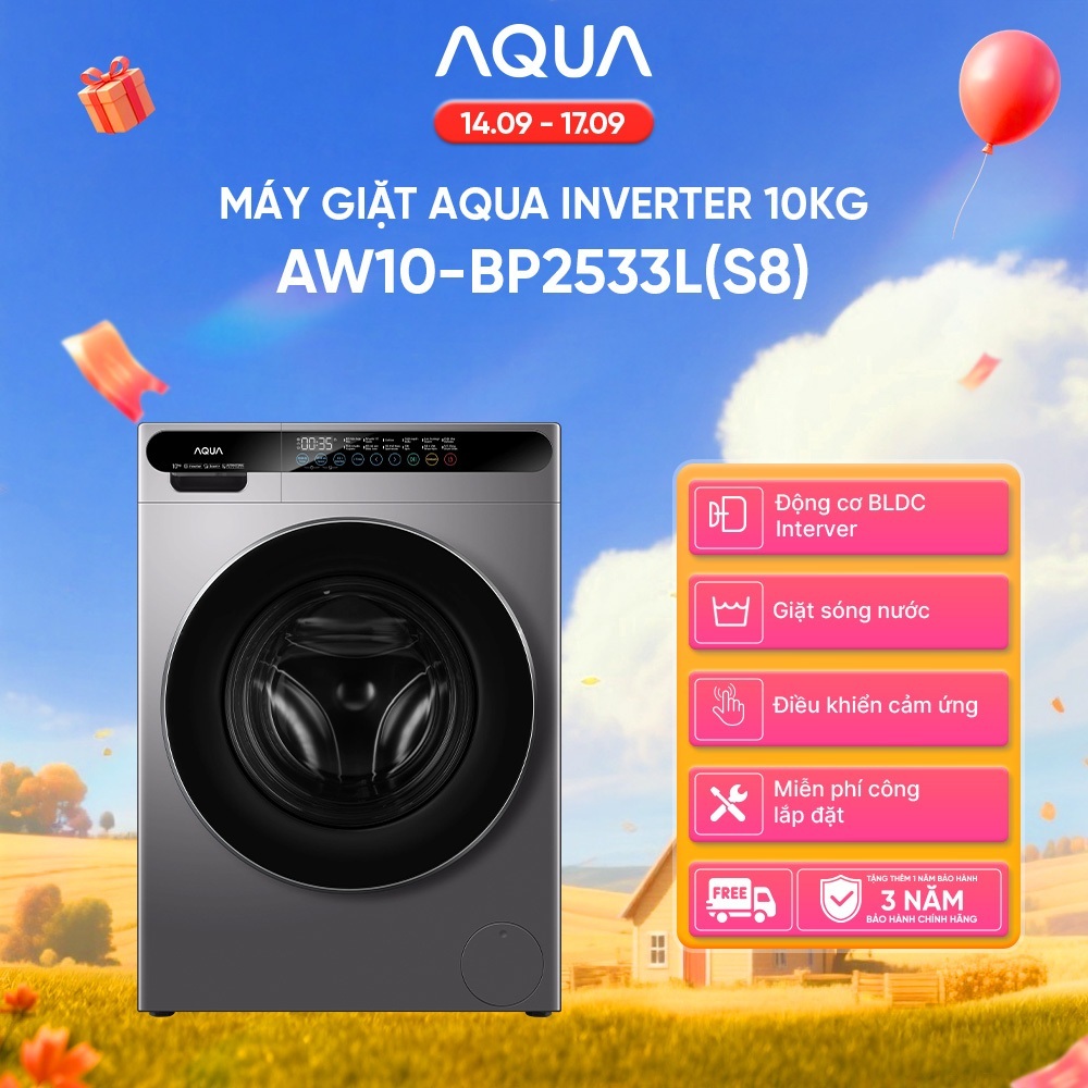 [ĐỘC QUYỀN] Máy giặt cửa trước AQUA Inverter 8kg/9kg/10kg AW10-BP2533L(S8) - Freeship toàn quốc - Hỗ trợ lắp đặt
