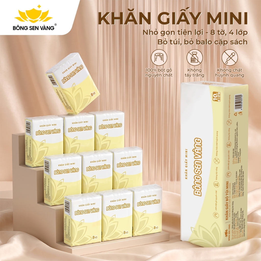 Bông Sen Vàng Khăn Giấy Mini Bỏ Túi Gói 8 Tờ, 4 Lớp, Nhỏ Gọn, Tiện Lợi