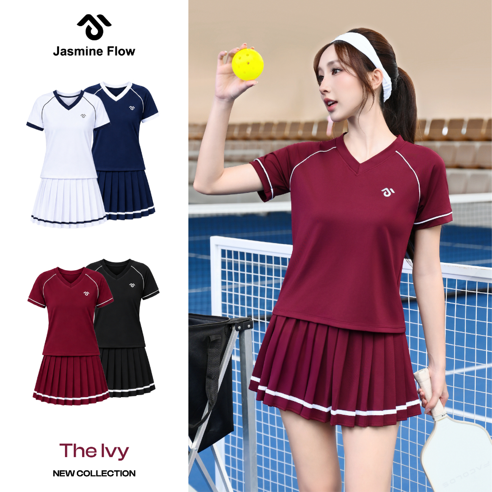 [DEAL MỞ BÁN] Set Bộ THE IVY Jasmine Flow, Áo Thể Thao Nữ Tay Viền Cổ Tim, Phối Chân Váy Xòe Vải Mềm mát JG068