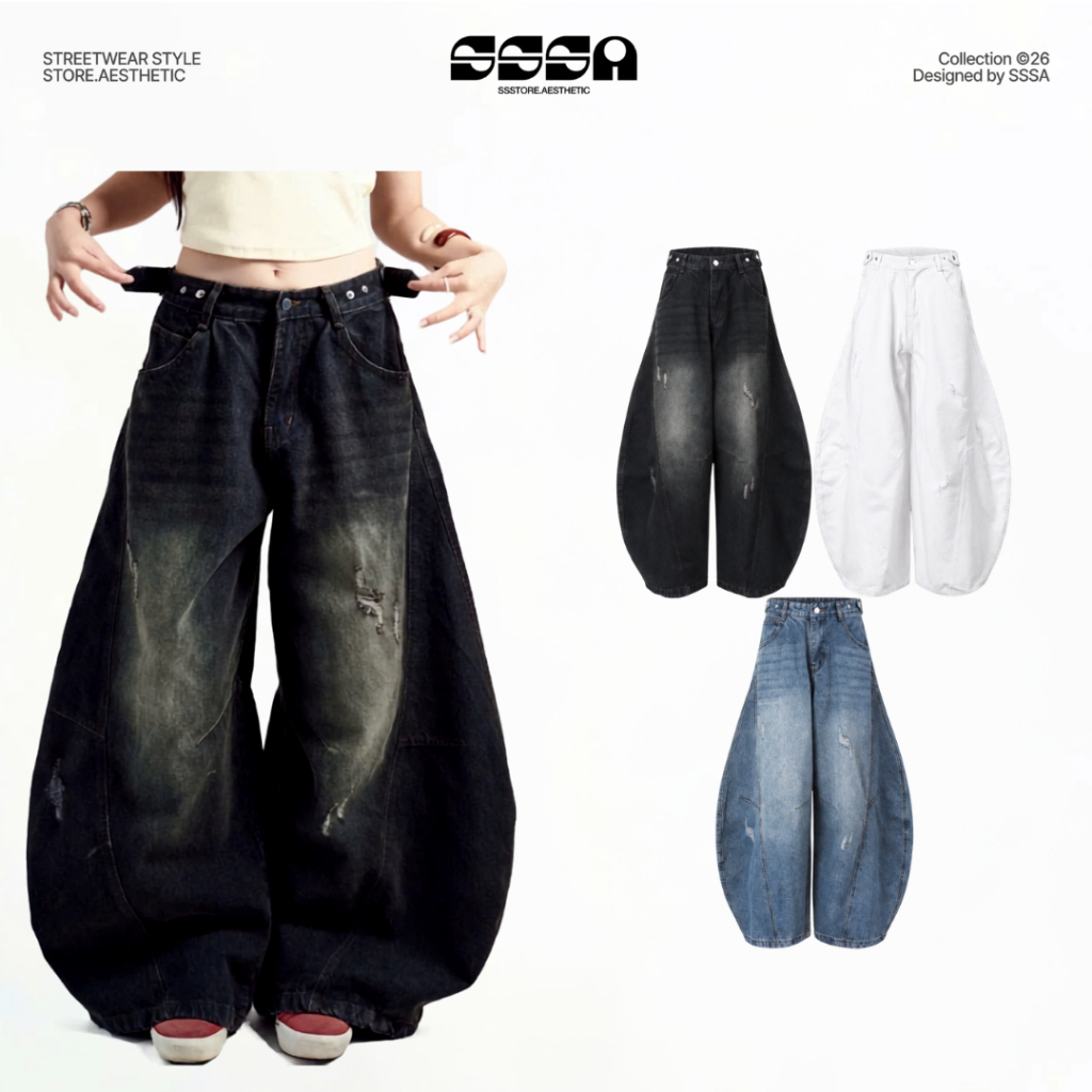 Quần Jeans Dài Ống Cong PREMIUM Form Rộng Tôn Dáng Nam Nữ Thiết Kế Đai Siết Eo | SSSTore.Aesthetic