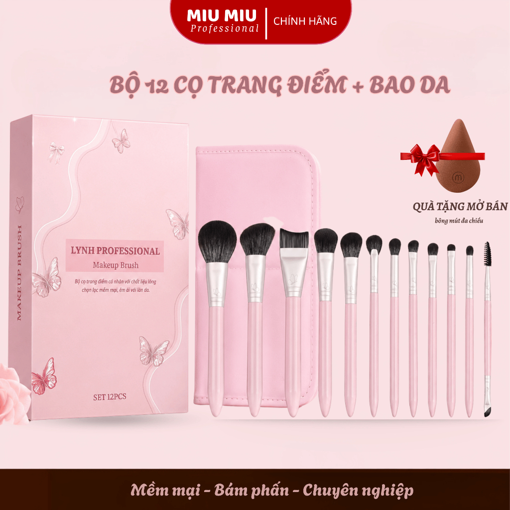 Bộ 12 Cọ Trang Điểm Cá Nhân LYNH BEAUTY PINK Kèm Bao Da Cao Cấp