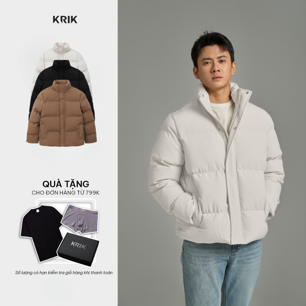 [Best Seller] Áo Khoác Phao Nam KRIK Form Regular Chất Liệu Nhồi Bông Bền Nhẹ Thiết Kế Cổ Trụ Basic AK5150