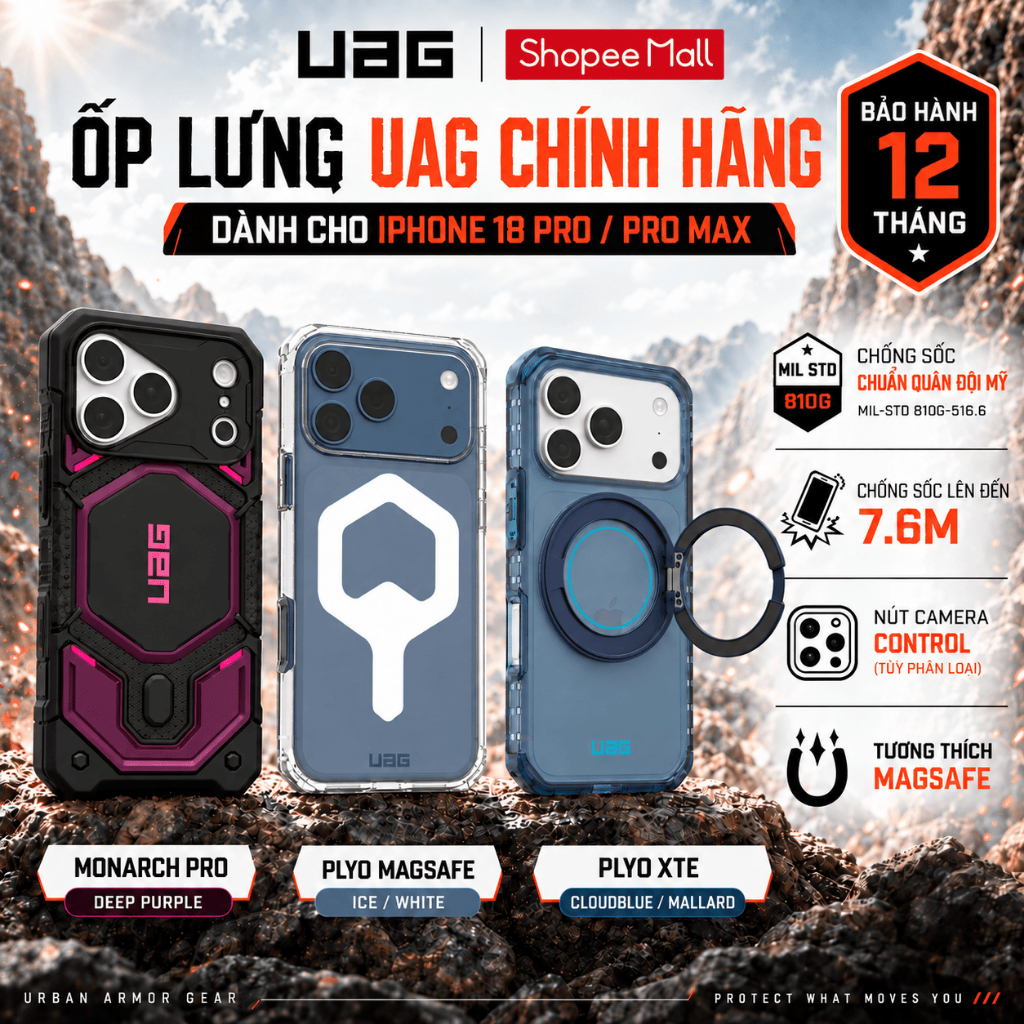 [Dành cho iPhone 18 Pro/Promax] Ốp Lưng UAG Chính Hãng Chống Sốc Đạt Chuẩn Quân Đội, Sạc Từ Tính, Bảo Hành 12 Tháng