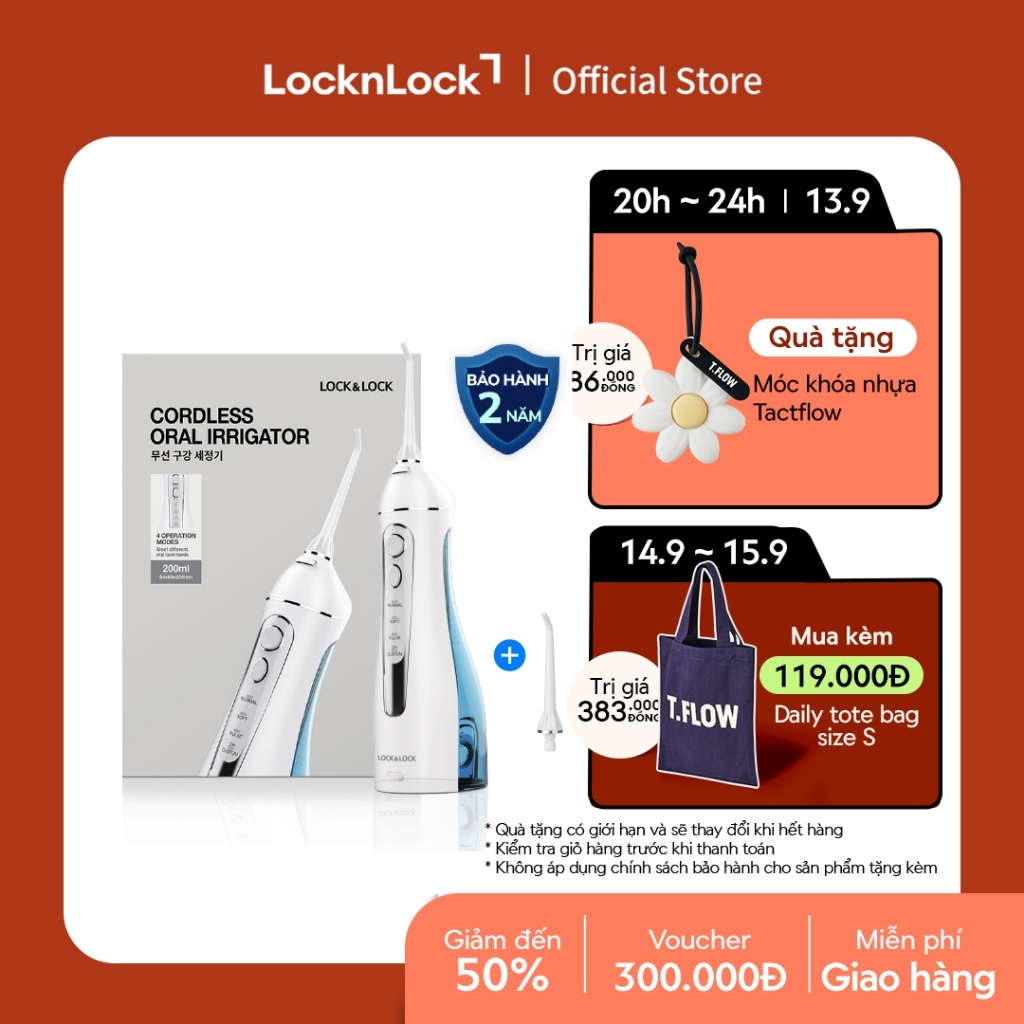 Máy tăm nước không dây 4 chế độ dùng được răng niềng Lock&Lock Cordless Oral Irrigator 200ml - Màu xanh - ENR156BLU