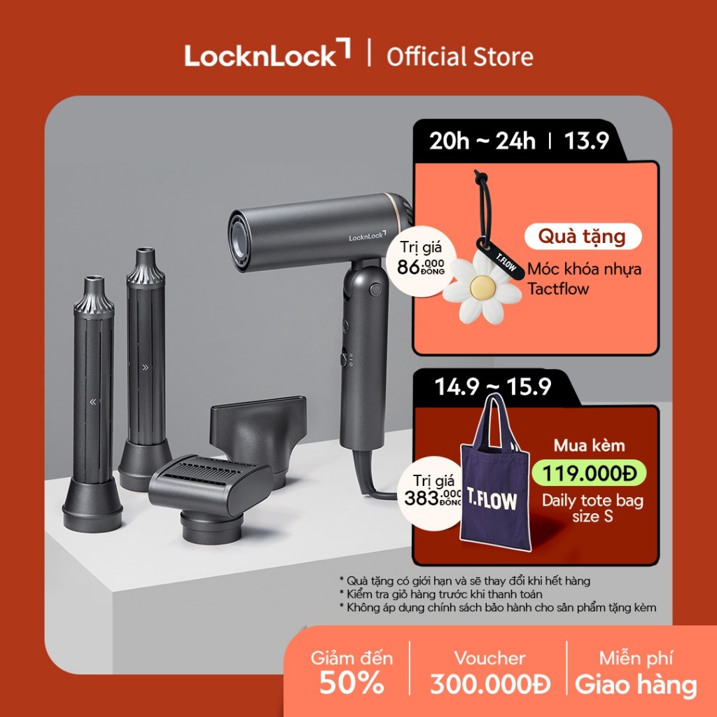 Máy sấy tạo kiểu tóc gấp gọn LocknLock Foldable hair styling dryer ENA626GRY Màu xám, công suất 1300W công nghệ ion âm