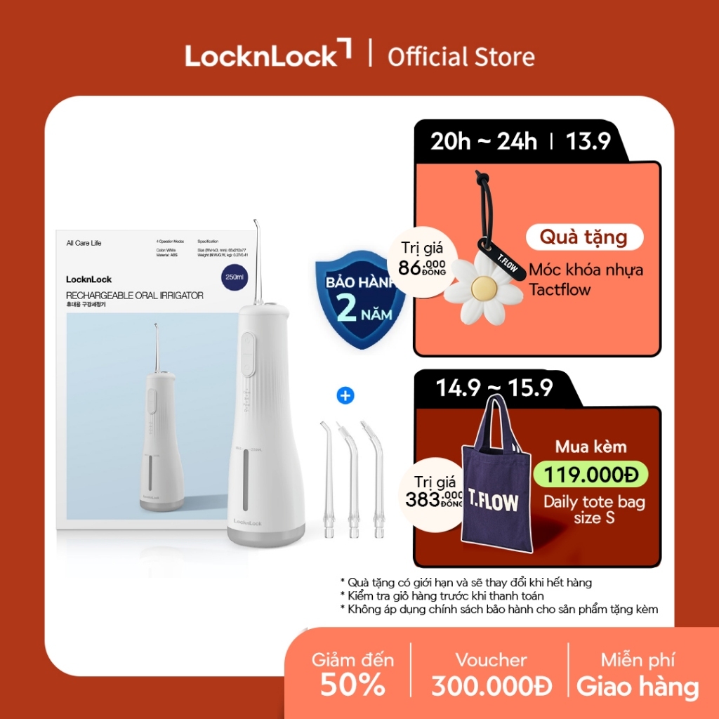 Máy tăm nước LocknLock Rechargeable oral irrigator 250ml - Màu trắng 4 đầu tăm đi kèm, 4 chế độ ENR154WHT