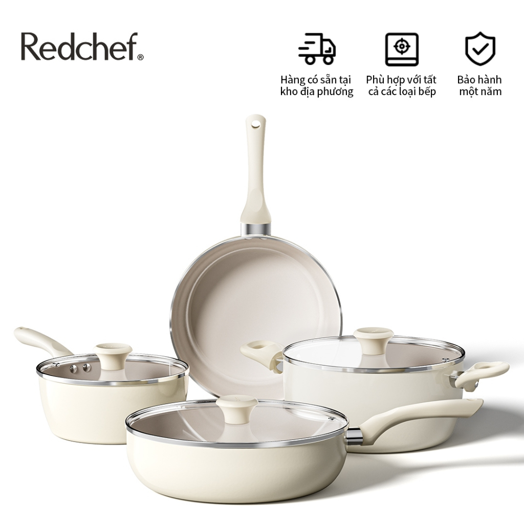Redchef Bộ nồi chảo chống dính gốm đá biển 7 món, không PFAS/PTFE/PFOA, dùng được cho mọi bếp, bao gồm chảo chống dính v