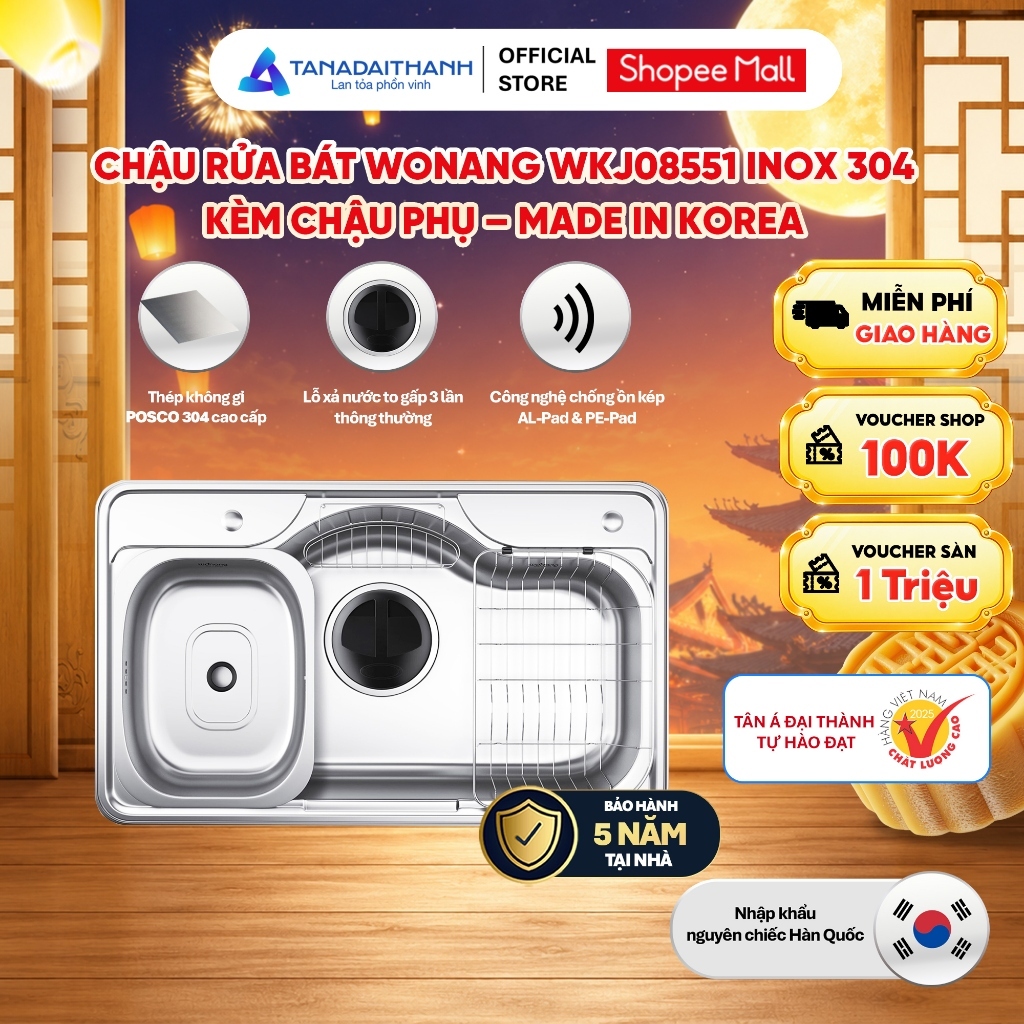 Chậu Rửa Bát Wonang WKJ08551 Inox 304 Nhập Khẩu Hàn Quốc Chính Hãng Bảo Hành 5 Năm