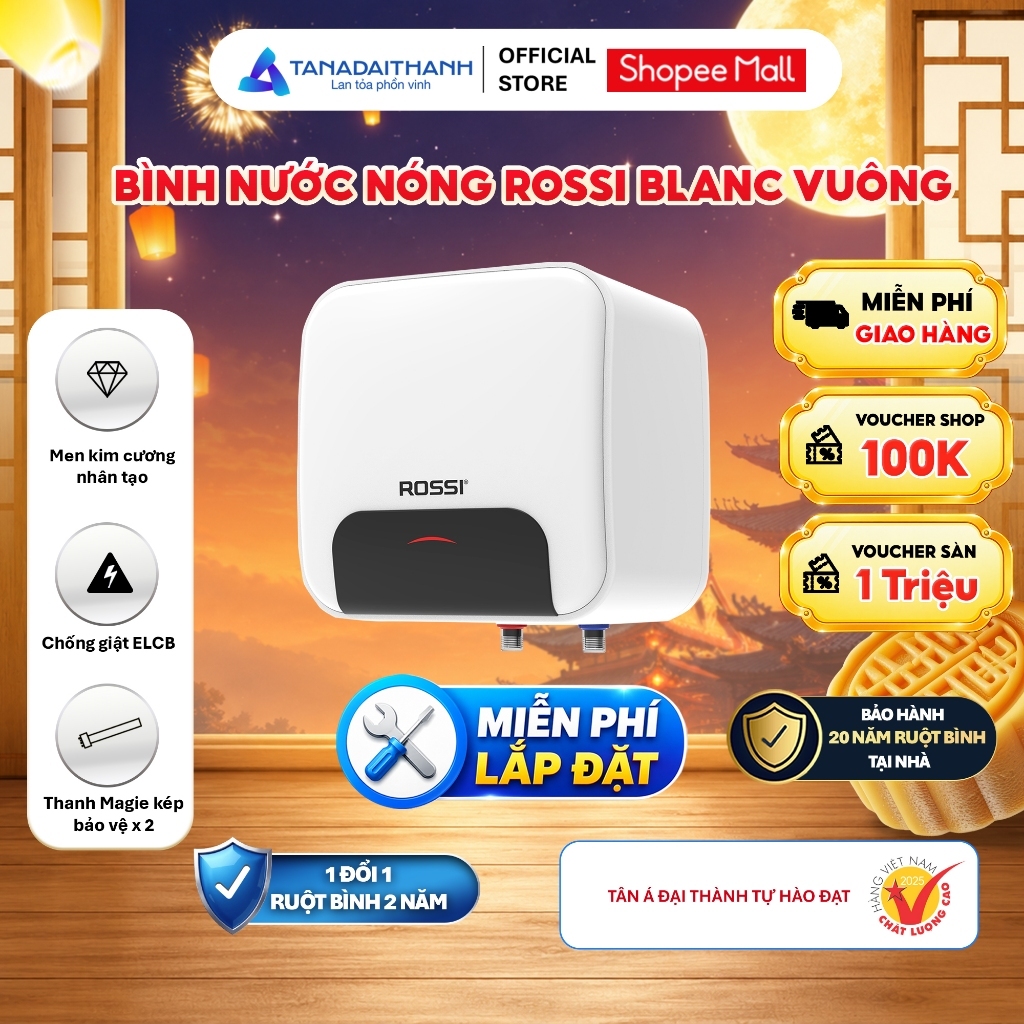 [GIAO LẮP TOÀN QUỐC] Bình Nóng Lạnh Gián Tiếp Rossi Blanc Vuông 15/20/30 Lít - Tiết Kiệm Điện, An Toàn Vượt Trội