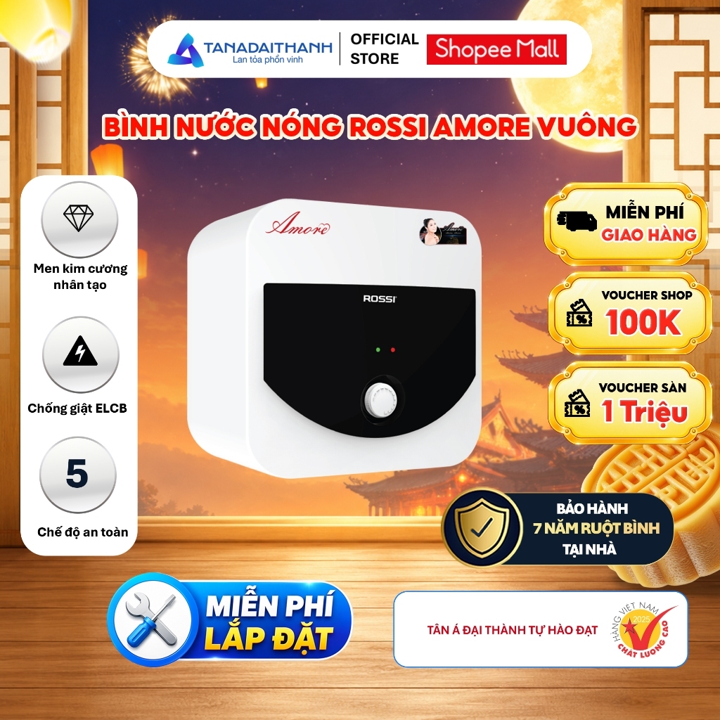 [GIAO LẮP TOÀN QUỐC] Bình Nước Nóng Gián Tiếp Rossi Amore Dáng Vuông Dung Tích 15L 20L 30L - Chính hãng