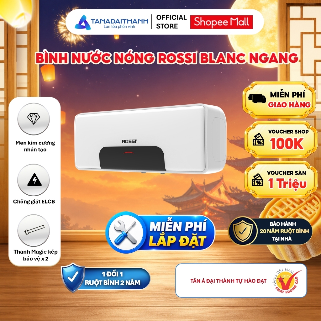 [GIAO LẮP TOÀN QUỐC] Bình nóng lạnh gián tiếp Rossi Blanc Ngang (15/20/30 Lít) - Chính hãng, Bảo hành ruột 20 năm