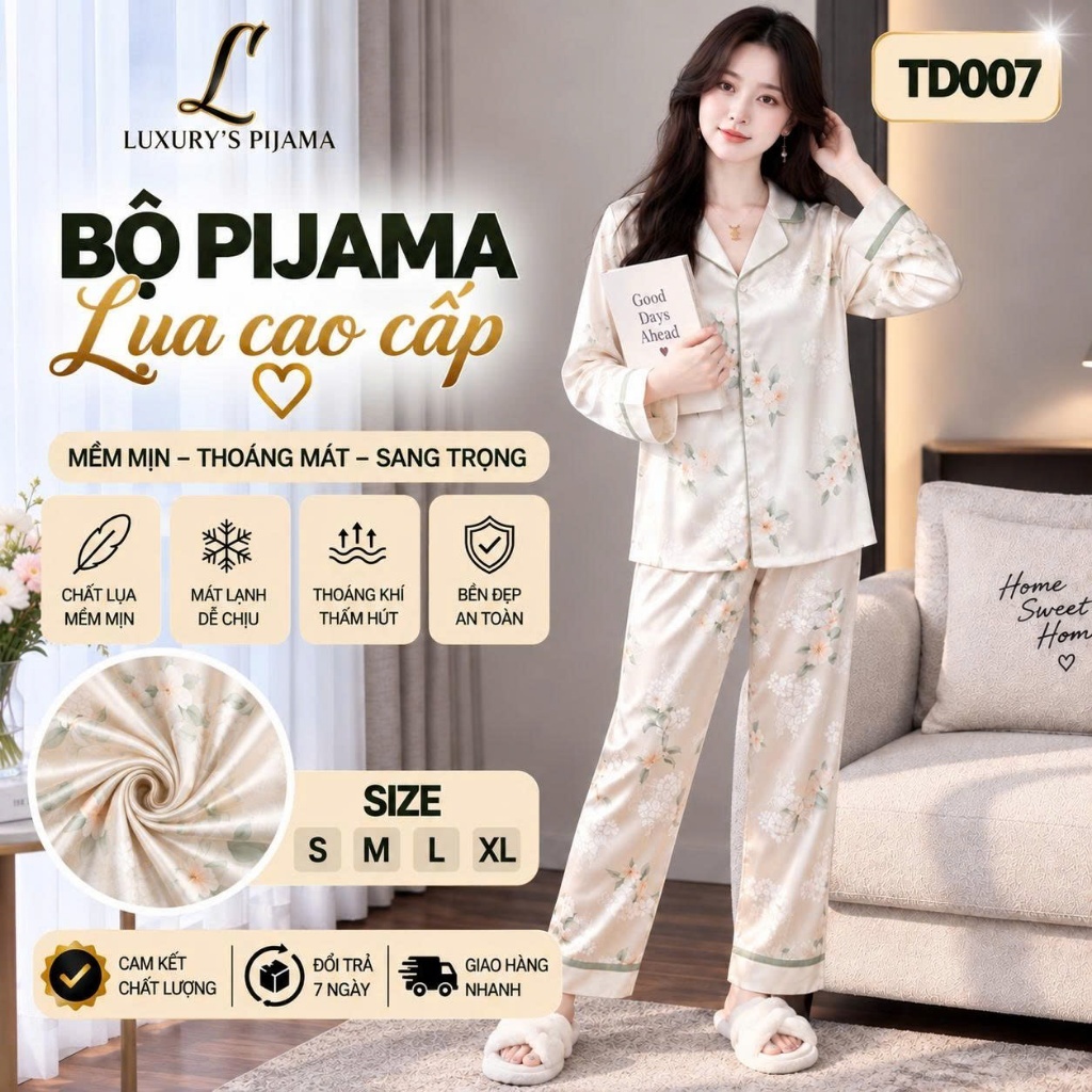 Đồ bộ LUXURY PIJAMA lụa latin cao cấp, mềm mịn sang trọng tay dài hoa trắng phối xám TD007