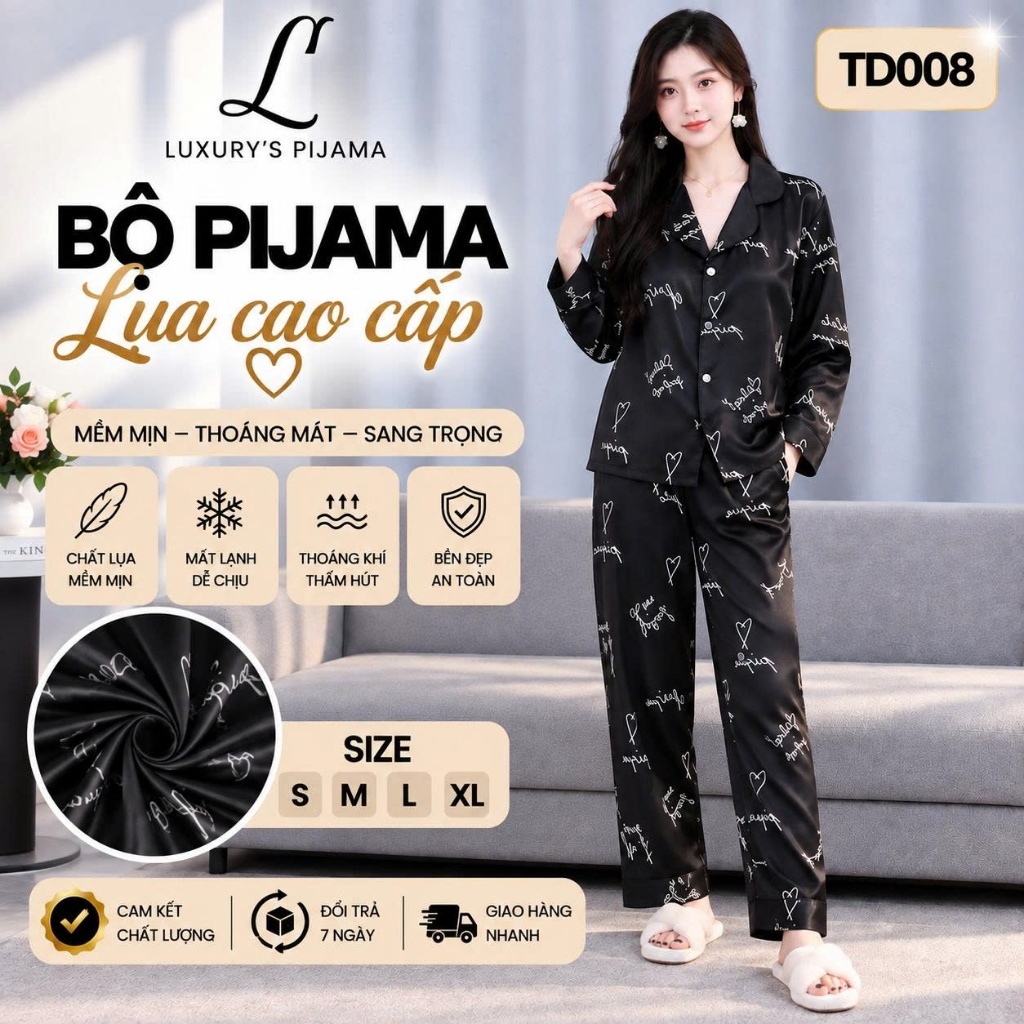 Đồ bộ nữ LUXURY PIJAMA lụa latin cao cấp, mềm mịn sang trọng tay dài màu đen họa tiết chữ TD008