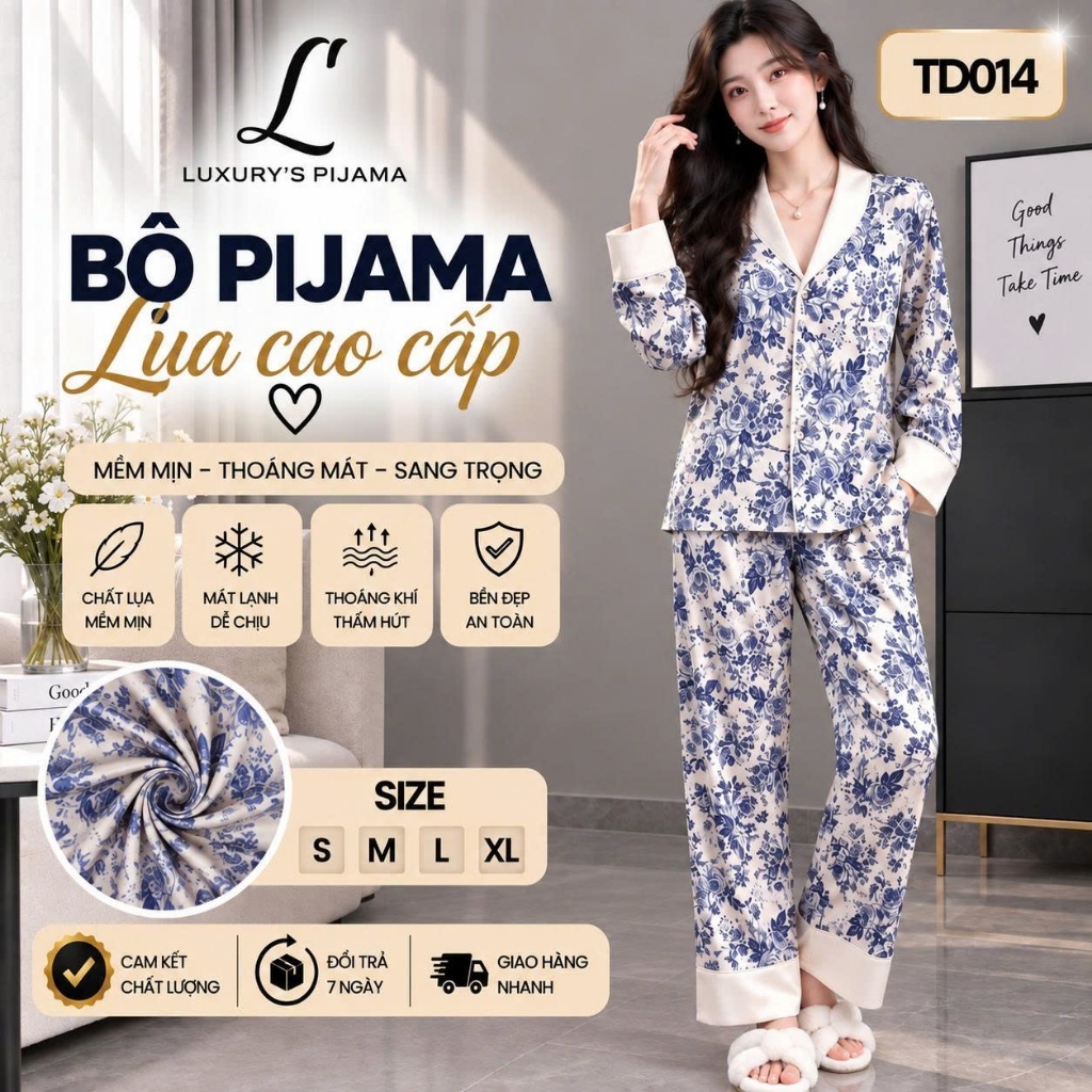 Đồ bộ LUXURY PIJAMA lụa latin cao cấp, mềm mịn sang trọng tay dài họa tiết hoa xanh TD014