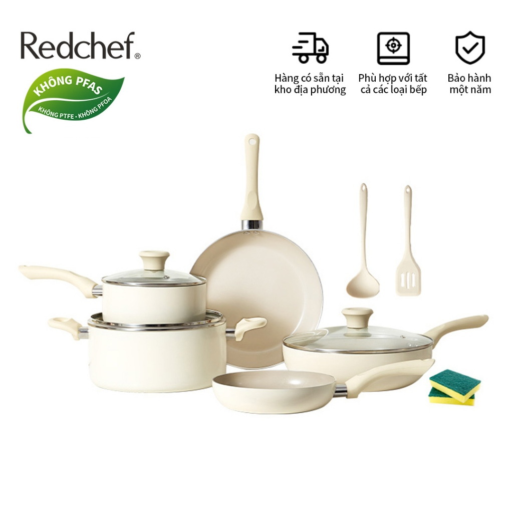 Redchef 12 Món Bộ Nồi Chảo Chống Dính Phủ Đá Gốm Không chứa PFAS PFOA & PTFE Tương thích mọi loại bếp Bộ sản phẩm bao gồ