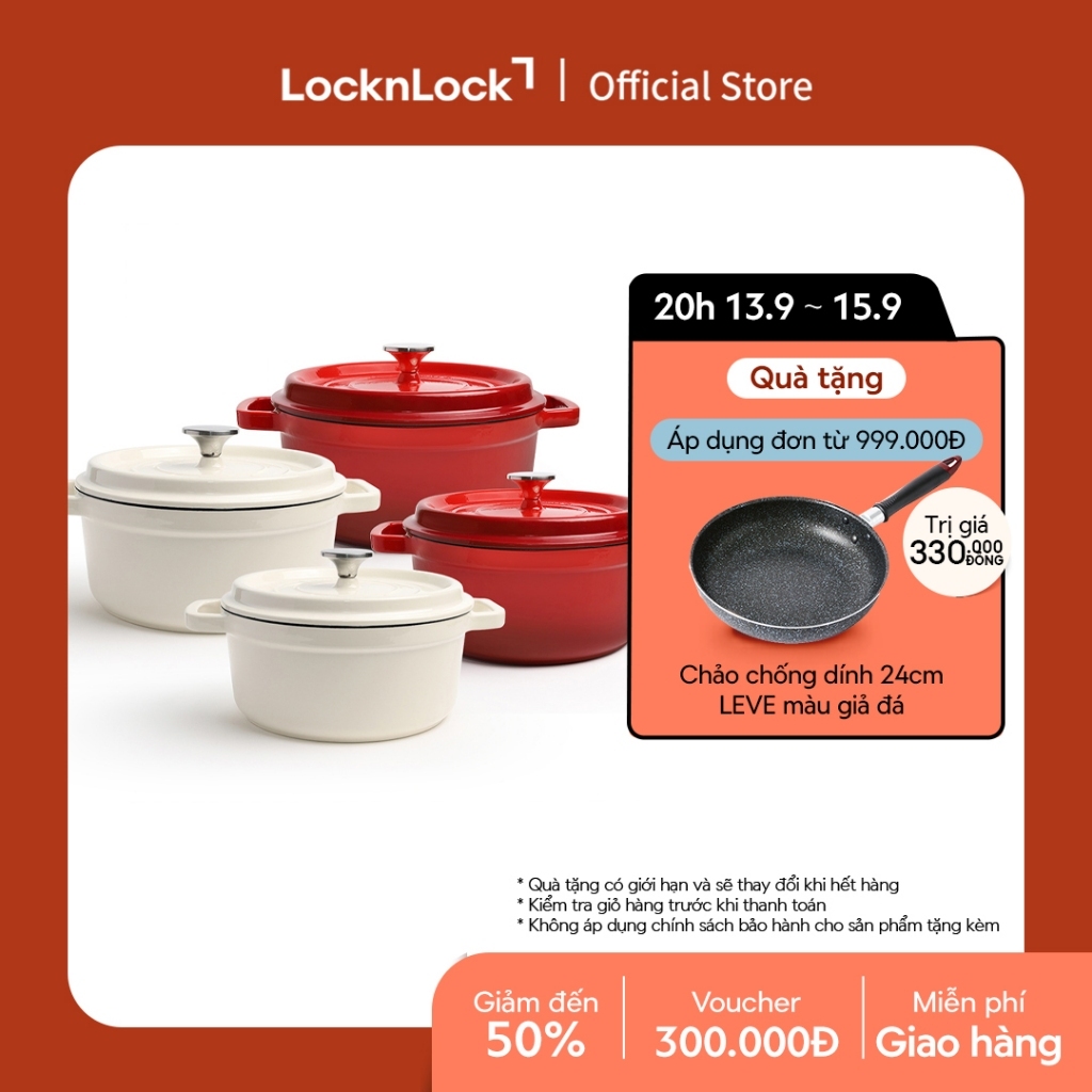 Nồi gang nguyên khối 2 tay cầm LocknLock Iron Casserole có nắp, tráng men dùng được bếp từ
