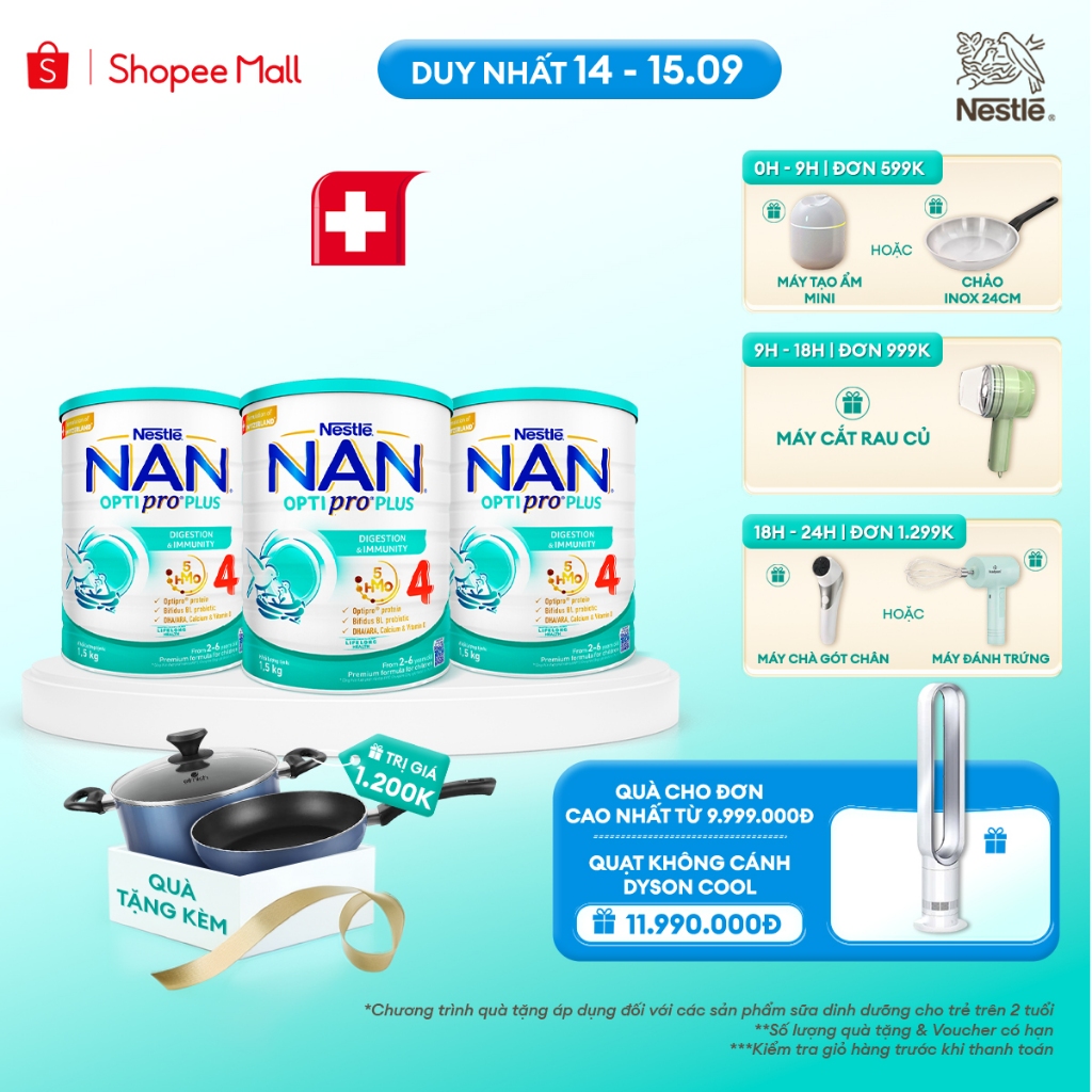 [Tặng Set nồi chảo Elmich] Bộ 3 lon Sữa Bột Nestlé NAN OPTIPRO PLUS 4 Cho Trẻ 2-6 Tuổi, 1,5KG, Với 5HMO Và Đạm OPTIPRO