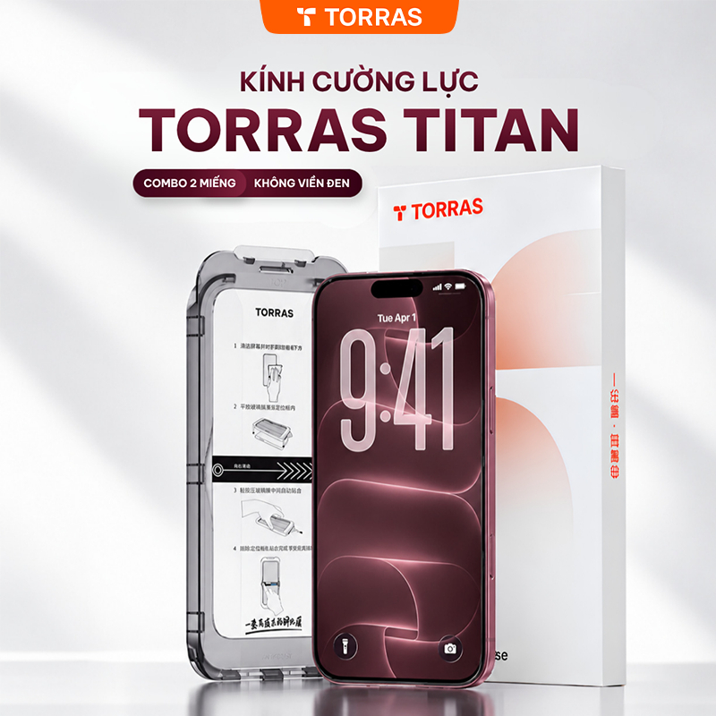Kính Cường Lực TORRAS iPhone 2 Miếng Tự Dán Chống Vân Tay Bảo Vệ Màn Hình iPhone 15 16 17 13 Pro M