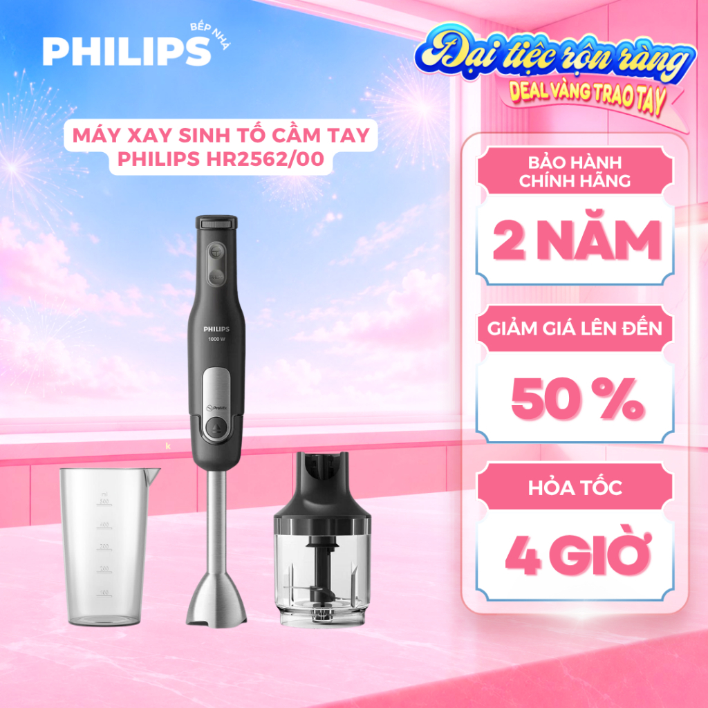 Máy Xay Sinh Tố Cầm Tay Philips HR2562/00 (1000W) Máy Xay Mini, Xay Đồ Ăn Dặm, Trái Cây Mềm - Thanh Máy Inox
