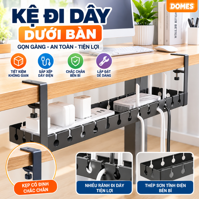 Kệ Đựng Ổ Cắm Điện Dưới Bàn, Khay Quản Lý Dây Cáp Sạc Kẹp Bàn Không Khoan Tiết Kiệm Không Gian