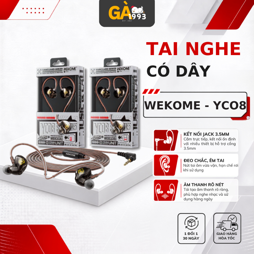 Tai nghe nhét tai WEKOME YC08,tai nghe có dây gaming tích hợp micro, cản tiếng ồn điều chỉnh âm thanh sống động