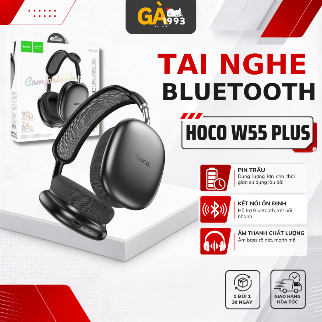Tai nghe chụp tai Bluetooth V5.4 Hoco W55 phiên bản 90h có mic đàm thoại hỗ trợ khe cắm thẻ nhớ,cổng AUX, nghe nhạc