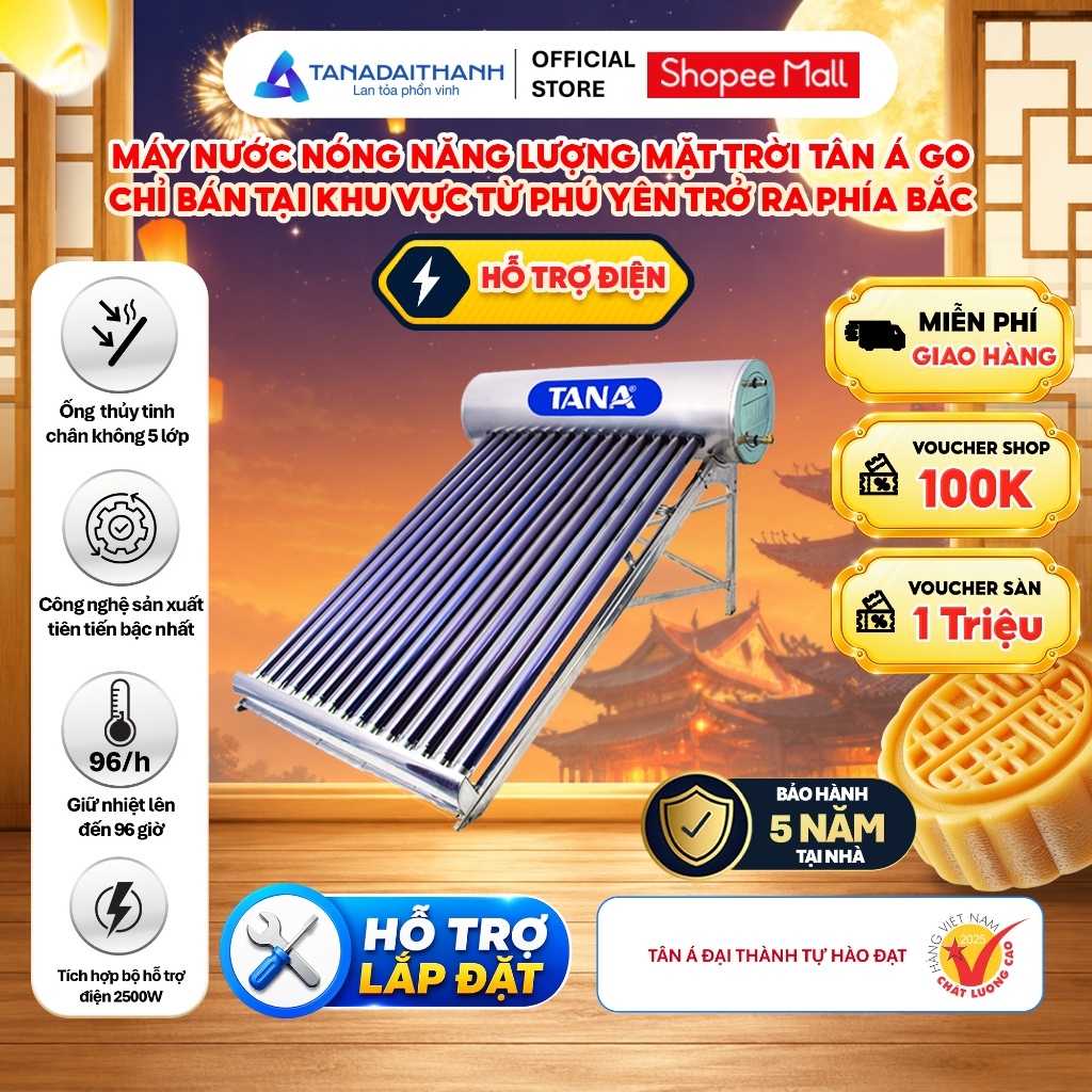 [MIỀN BẮC, CÓ TRỢ ĐIỆN] Máy nước nóng Năng lượng mặt trời Tân Á GO 140L-300L - Chính hãng, BH 5 năm