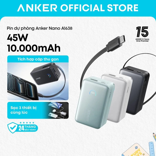Sạc dự phòng Anker Nano A1638 10000mAh 2 cổng 1C1A, sạc nhanh 45W, cáp USB-C tích hợp, có thể sạc 3 thiết bị