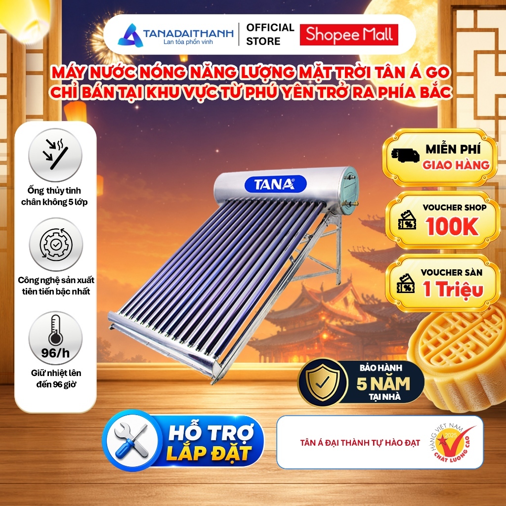 [GIAO LẮP MIỀN BẮC] Máy nước nóng Năng lượng mặt trời Tân Á GO 140L-300L - Chính hãng, BH 5 năm