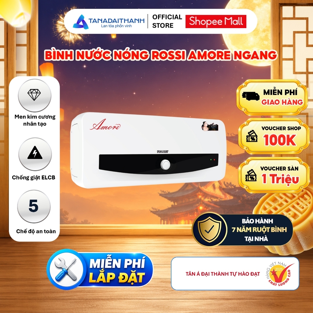 [GIAO LẮP TOÀN QUỐC] Bình nóng lạnh gián tiếp Rossi Amore Ngang (15/20/30 Lít) - Chính hãng, Bảo Hành 7 năm