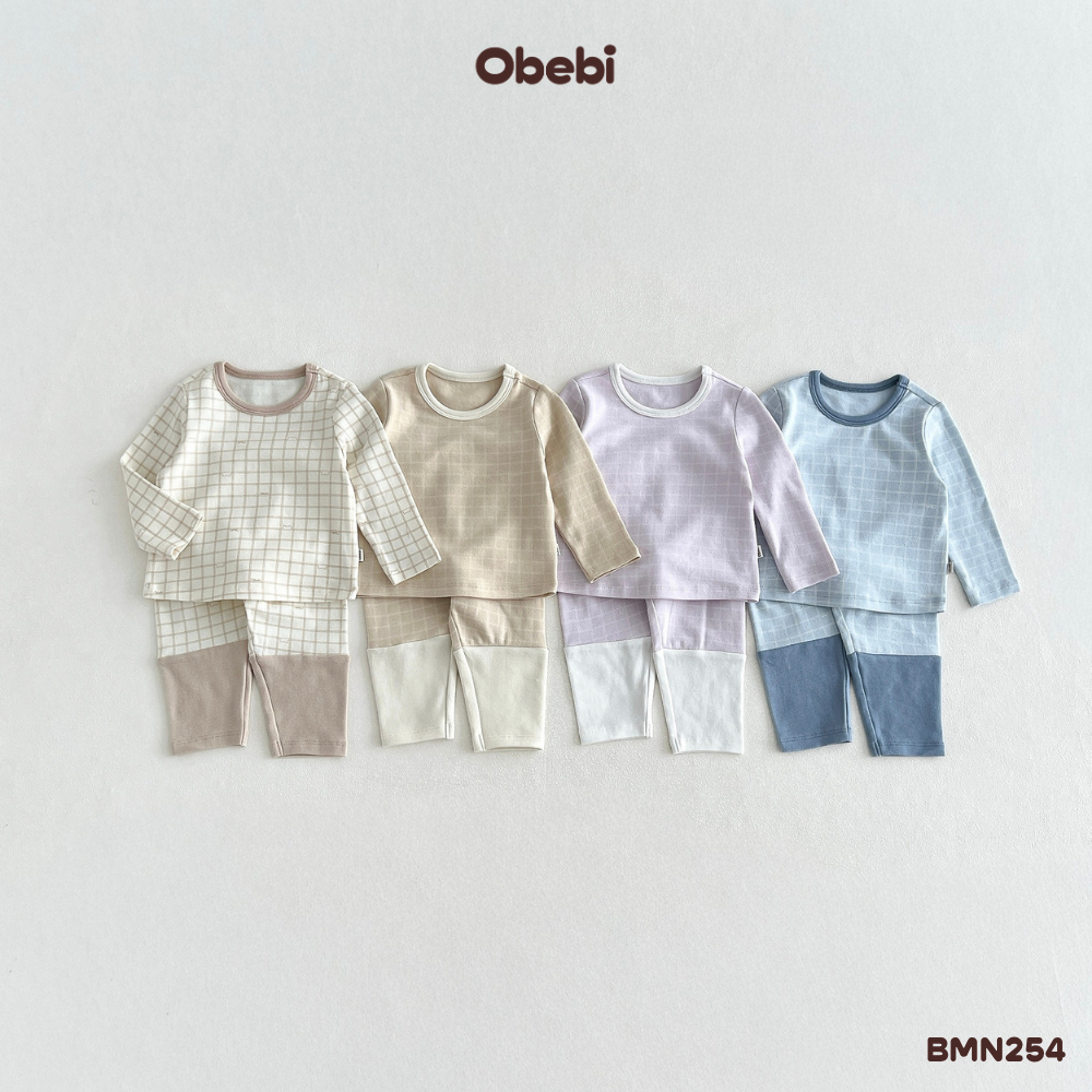 Bộ Mặc Nhà Thu Đông Phối Màu Gấu Họa Tiết In Kẻ Đáng Yêu Cho Bé Trai Bé Gái Từ 6 - 23kg Obebi BMN254