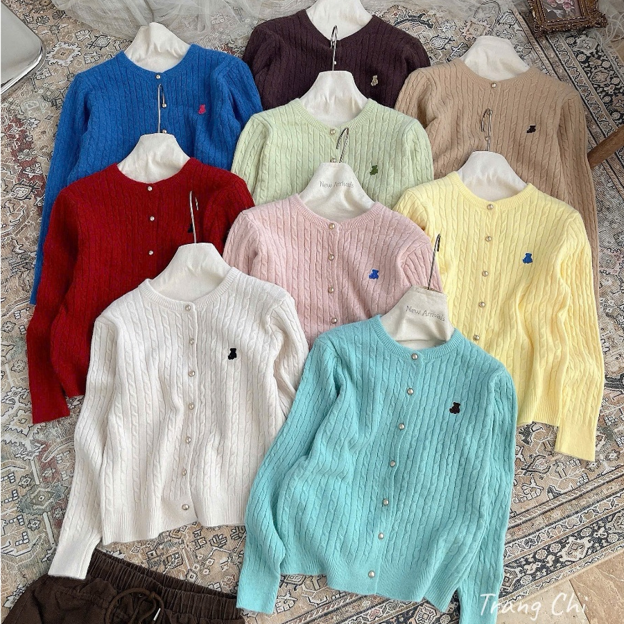 Áo len cadigan thừng thêu gấu khuy, Khoác len mềm dài tay AL903 - NhiNhi Shop
