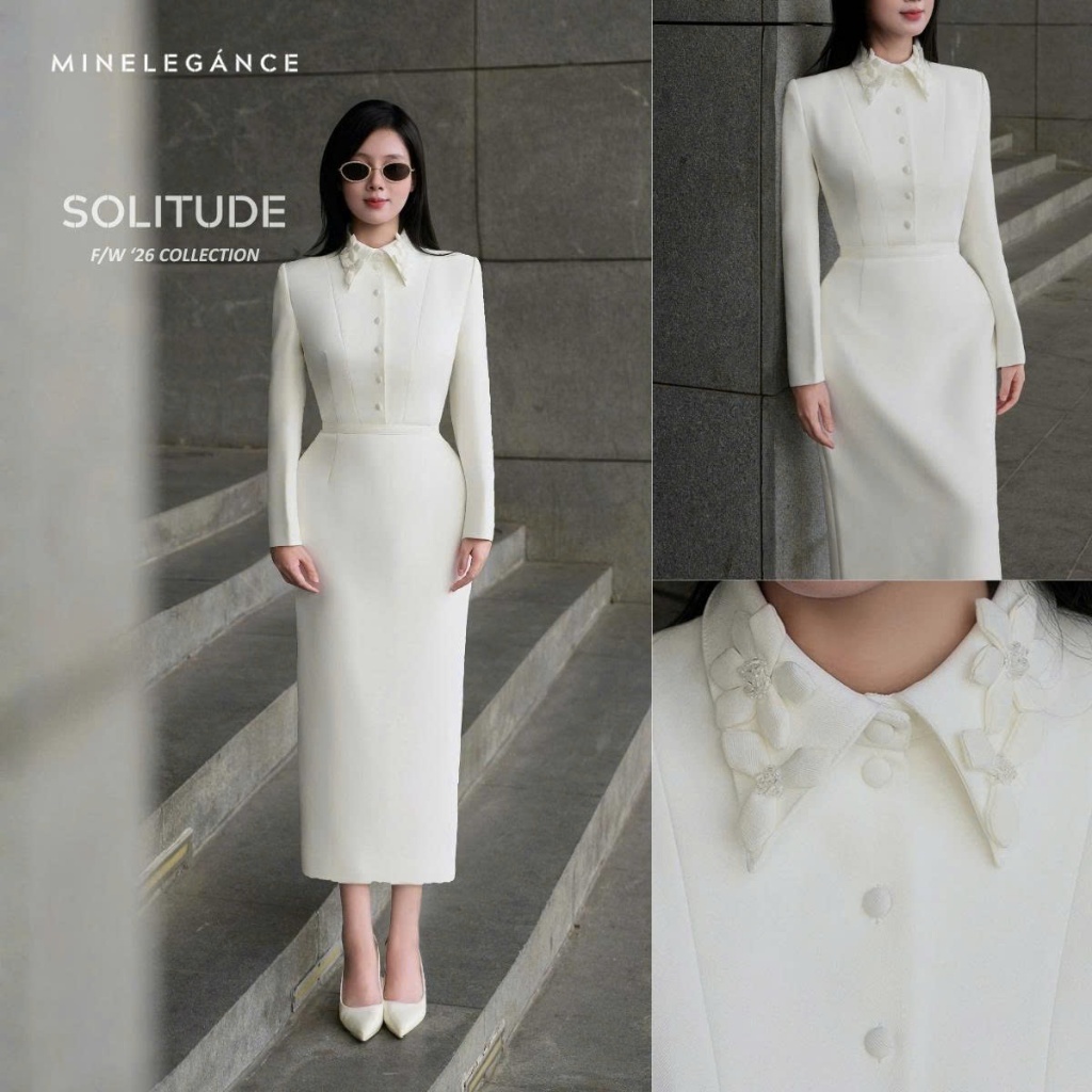 MINELEGÁNCE | VÁY CỔ ĐỨC ĐÍNH HOA DÁNG DÀI, SANG TRỌNG, THANH LỊCH - MIN211