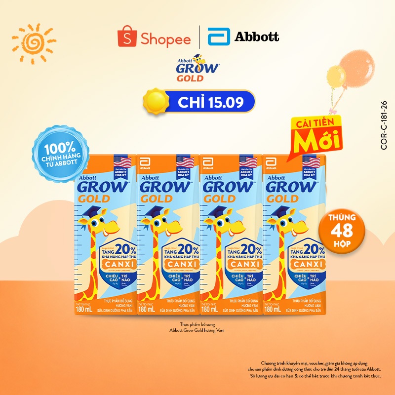 Thùng 48 hộp Sữa nước Abbott Grow Gold hương Vani 180ml (Bao bì thay đổi tùy vào đợt nhập hàng)