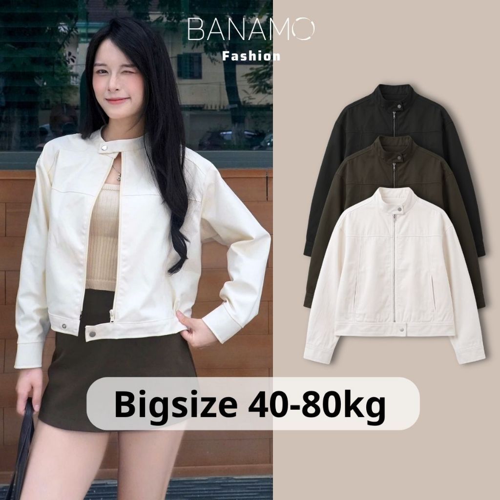 Áo khoác kaki nữ BIGSIZE Banamo Fashion cổ tàu khóa kéo dáng ngắn form suông trẻ trung 380