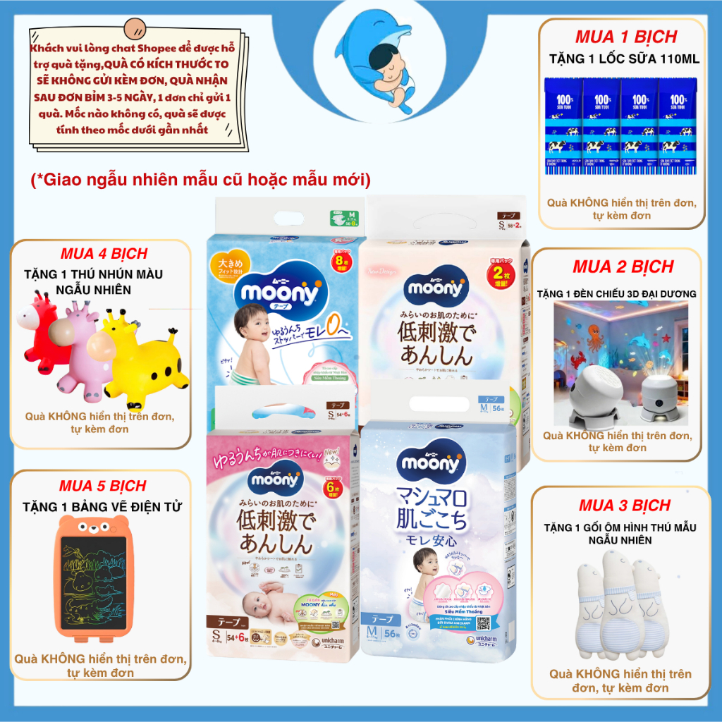 Tã/Bỉm Moony dịu nhẹ quần, dán đủ sizeNB60/S54/M46/L38/L36/XL32 cho bé 0-22kg MECAHEO