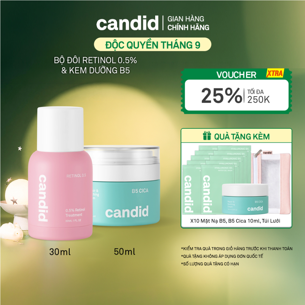 Bộ Đôi Hỗ Trợ Cải Thiện Và Phục Hồi Làn Da Candid Retinol 0.5% 30ml & Kem Dưỡng B5 Cica 50ml