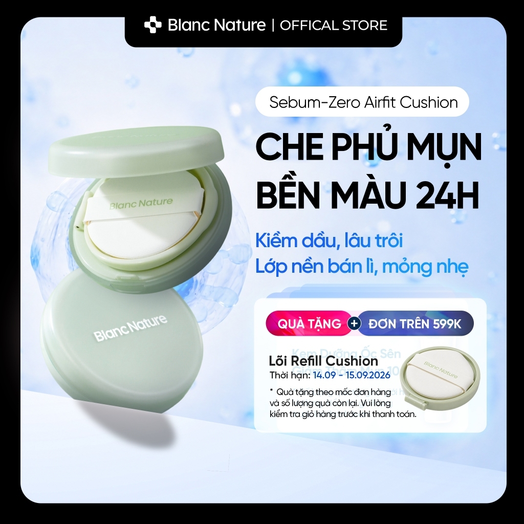 Phấn nước kiềm dầu lâu trôi che khuyết điểm 24h cho da dầu mụn - Blanc Nature Sebum Zero Airfit Cushion 15g