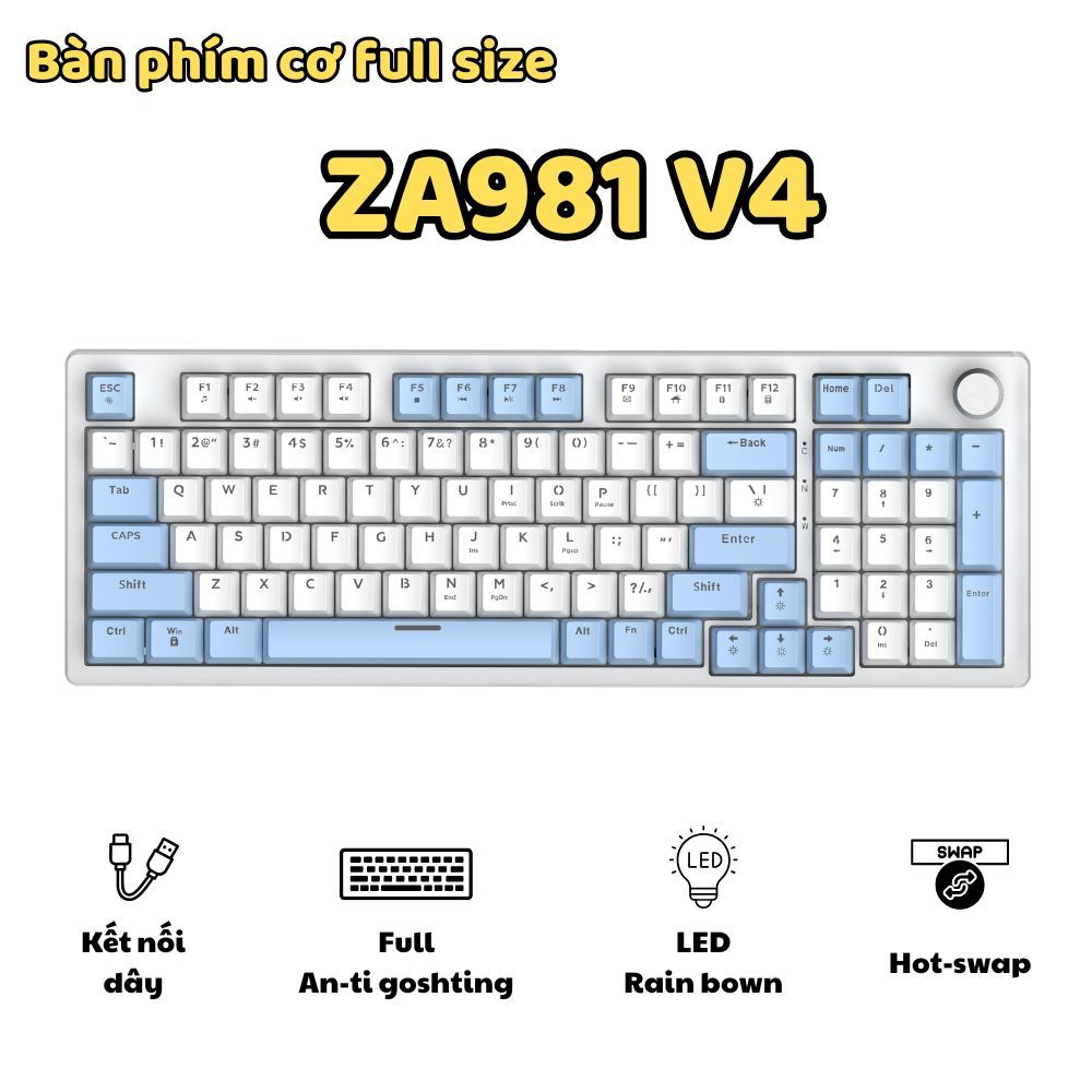 Bàn phím cơ ATAS ZA981 V4 - Layout Full size - Hotswap - Red Switch - LED 9 chế độ - Kết nối Type-C | BigBuy360 - bigbuy360.vn