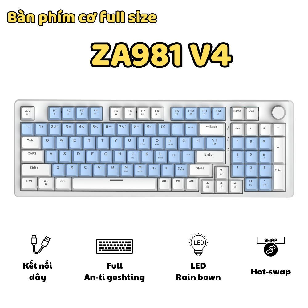 Bàn phím cơ ATAS ZA981 V4 - Layout Full size - Hotswap - Red Switch - LED 9 chế độ - Kết nối Type-C | BigBuy360 - bigbuy360.vn