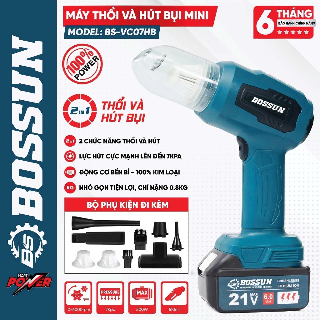 Máy hút bụi pin BOSSUN BS-VC07HB, Động cơ đồng, 500w, Lực hút 7kpa, 160ml,0.8 kg