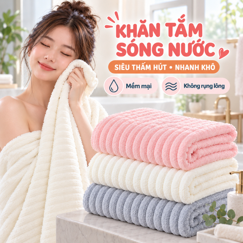 (HÀNG LOẠI 1) Khăn Tắm Sợi Bông Siêu Thấm Hút Thiết Kế Sóng Nước Mềm Mại, Dày Dặn, Không Rụng Lông
