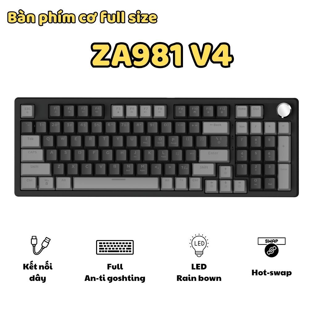 Bàn phím cơ ATAS ZA981 V4 - Layout Full size - Hotswap - Red Switch - LED 9 chế độ - Kết nối Type-C | BigBuy360 - bigbuy360.vn