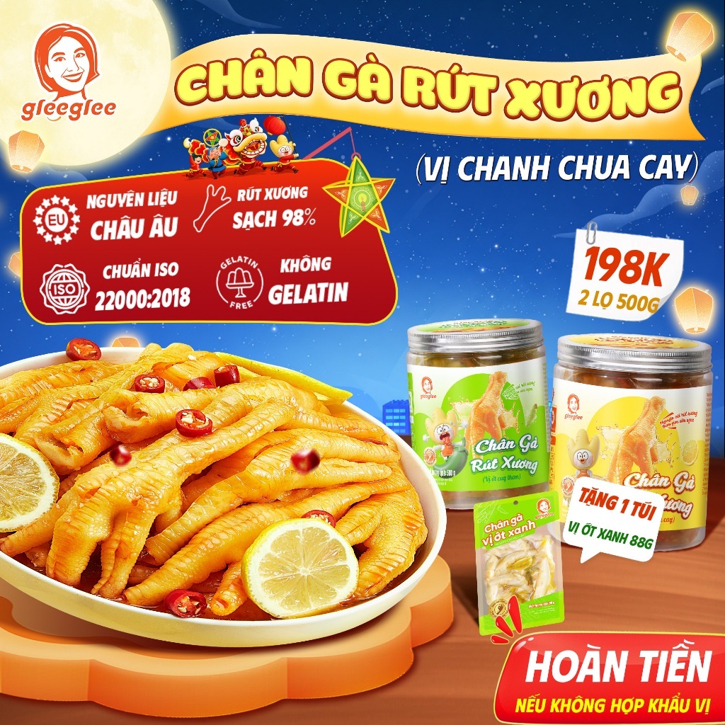 Combo Chân Gà Rút Xương GleeGlee 2 lọ vị 500gx2 Cay Nồng Sạch Xương >98% Ăn Liền Chuẩn ISO 22000