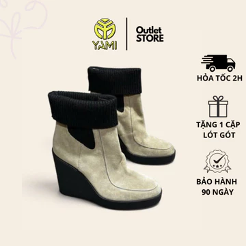 Giày Boot Nữ Big Size 42, Boot Nữ Đế Xuồng 9 Phân Cổ Lật Da Lộn Màu Beige, Bốt Da Nữ Cao Cấp