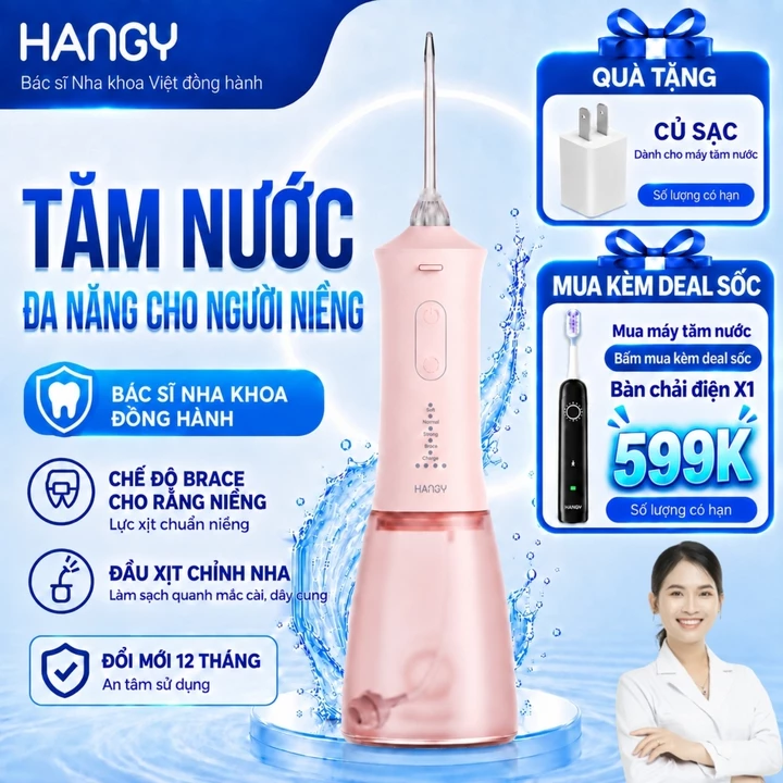 Máy Tăm Nước Cầm Tay Cho Răng Niềng HG23 &HN26 - Pin Trâu, 4 Chế Độ - Đổi mới trong 12 tháng